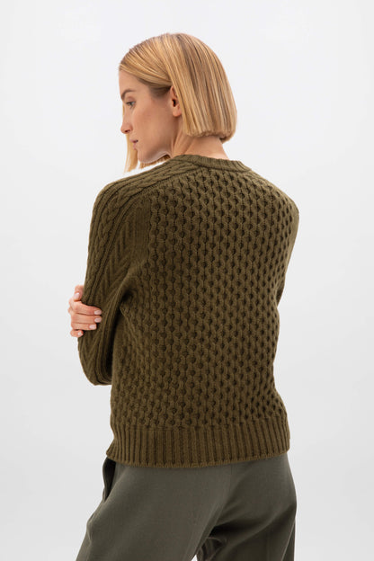 Johnstons of Elgin AW24 Women's Knitwear Olive Aran Cable Cashmere Sweater KAI05086SC4573