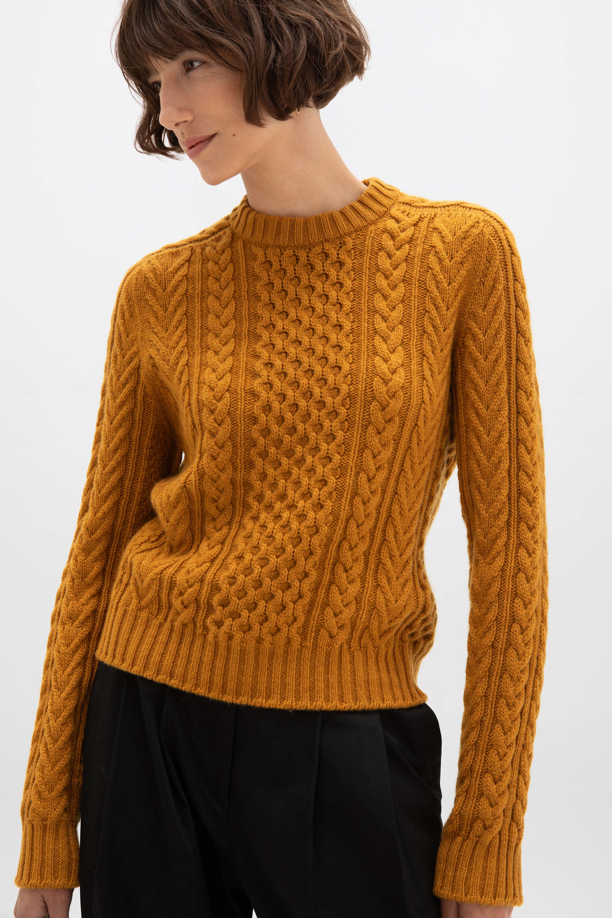 Johnstons of Elgin AW24 Women's Knitwear Ochre Aran Cable Cashmere Sweater KAI05086SF4347