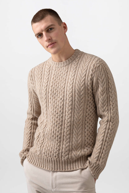 Johnstons of Elgin Men's Knitwear Oatmeal Aran Cable Cashmere Jumper KAI05106HB0210