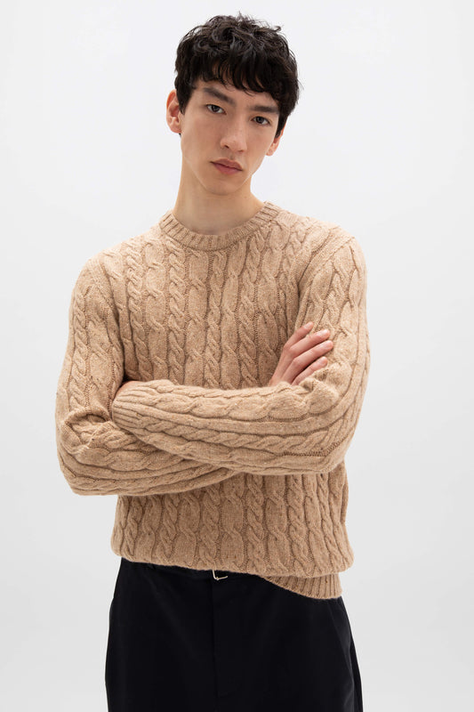 Johnstons of Elgin AW24 Men's Knitwear Camel Donegal Cable Knit Sweater KAI05110004875