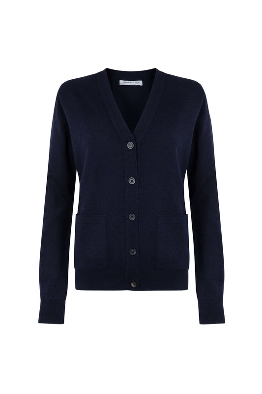 Johnstons of Elgin Women's Cashmere Boyfriend Cardigan in Navy on a white background KAI05141SD0707