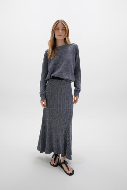 Johnstons of Elgin SS24 Women's Knitwear Dark Navy Marl Ribbed Marl Cashmere Skirt KAI05206Q23957