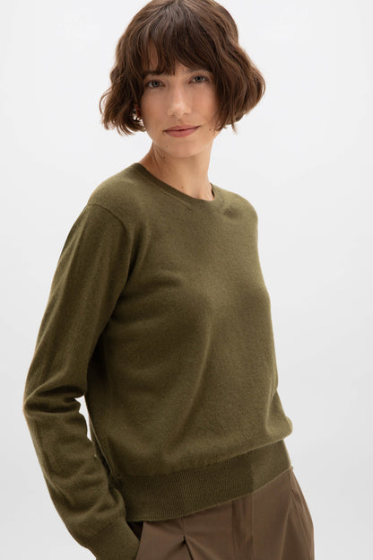 Johnstons of Elgin AW24 Women's Knitwear Olive Cropped Cashmere Round Neck Jumper KAI05142SC4573