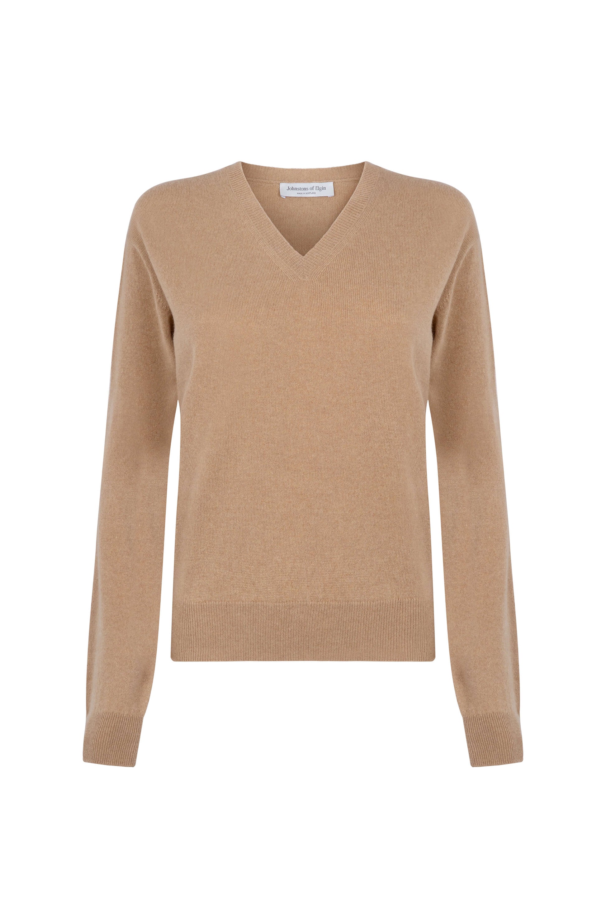 Johnstons of Elgin Womens Knitwear Camel Classic Cashmere Cropped V Neck KAI05143HB4315