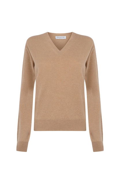 Johnstons of Elgin Womens Knitwear Camel Classic Cashmere Cropped V Neck KAI05143HB4315