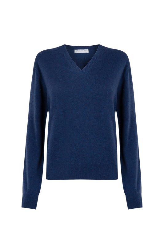 Johnstons of Elgin Womens Knitwear Ocean Blue Classic Cashmere Cropped V Neck KAI05143HD7244