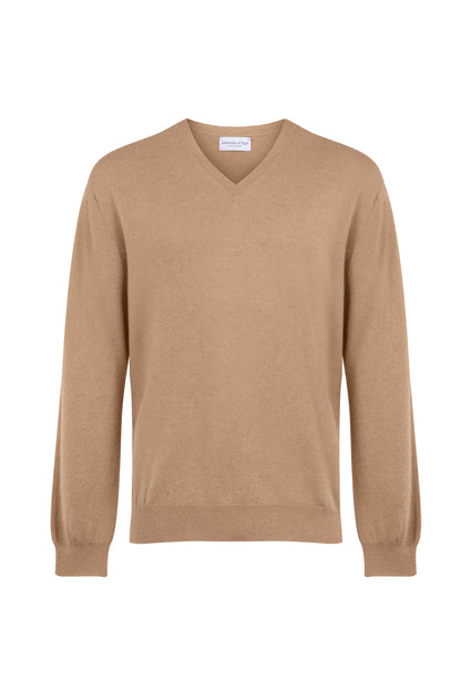 Johnstons of Elgin Men's Knitwear Camel Cashmere V Neck Jumper KAI05150HB4315