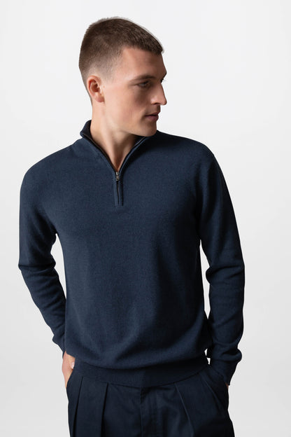 Johnstons of Elgin Men's Knitwear Mazarine Blue Cashmere Zip Neck Jumper KAI05151SD7351