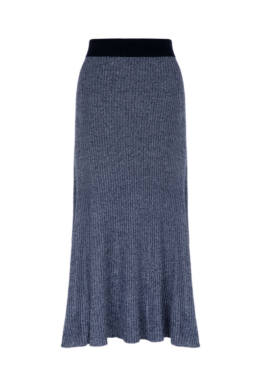 Johnstons of Elgin SS24 Women's Knitwear Dark Navy Marl Ribbed Marl Cashmere Skirt KAI05206Q23957