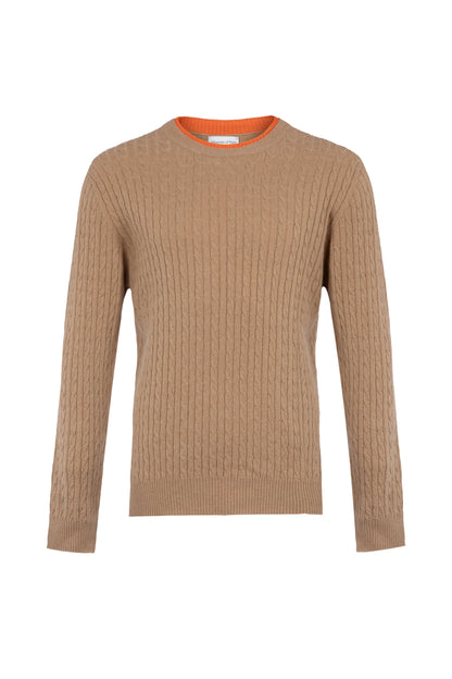 Johnstons of Elgin SS24 Unisex Knitwear Camel & Firethorn Orange Contrast Trim Unisex Cable Cashmere Sweater KAI05227Q24298