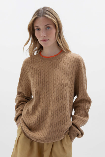 Johnstons of Elgin SS24 Unisex Knitwear Camel & Firethorn Orange Contrast Trim Unisex Cable Cashmere Sweater KAI05227Q24298