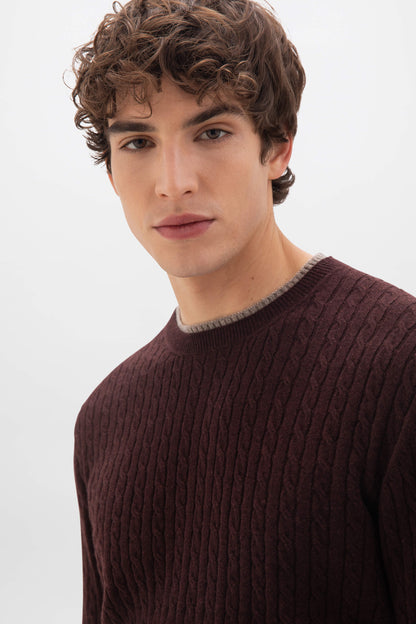 Johnstons of Elgin SS24 Unisex Knitwear Malt & Pebble Contrast Trim Unisex Cable Cashmere Sweater KAI05227Q24301