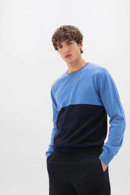 Johnstons of Elgin SS24 Unisex Knitwear Dark Navy & Skye Blue Unisex Colour Block Cashmere Sweater KAI05232Q24292