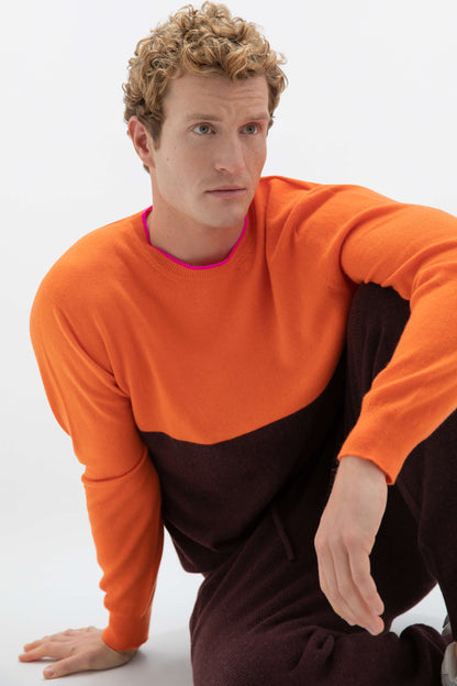 Johnstons of Elgin SS24 Unisex Knitwear Malt Brown & Firethorn Orange Unisex Colour Block Cashmere Sweater KAI05232Q24293