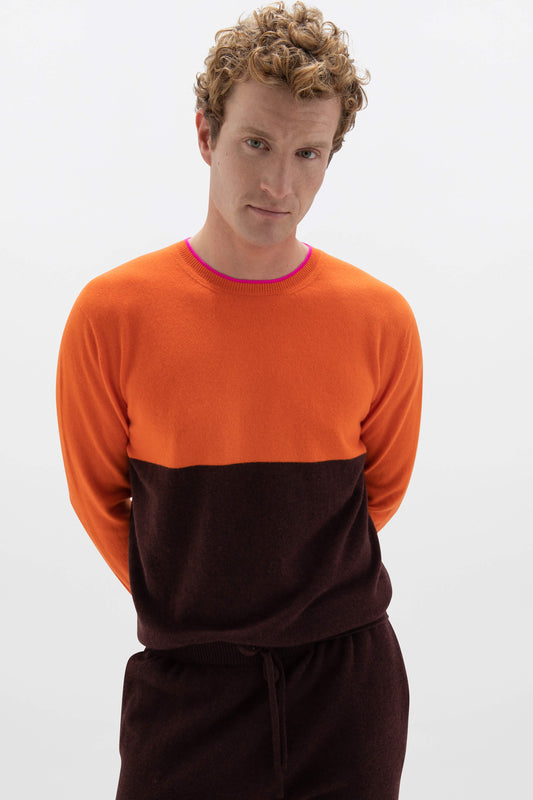 Johnstons of Elgin SS24 Unisex Knitwear Malt Brown & Firethorn Orange Unisex Colour Block Cashmere Sweater KAI05232Q24293