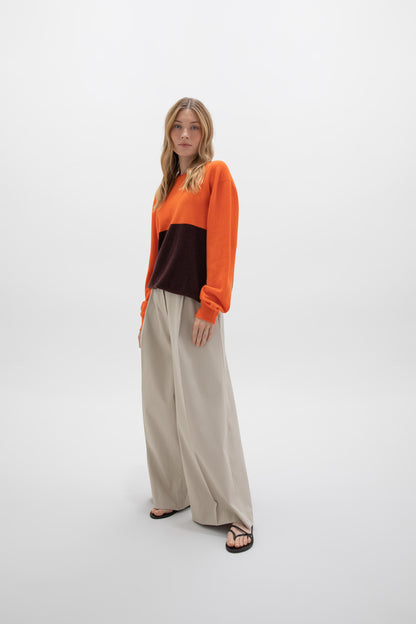 Johnstons of Elgin SS24 Unisex Knitwear Malt Brown & Firethorn Orange Unisex Colour Block Cashmere Sweater KAI05232Q24293