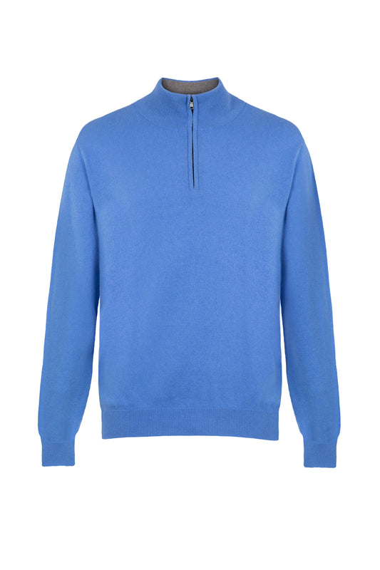 Johnstons of Elgin SS24 Men's Knitwear Skye Blue & Pebble Zip Neck Cashmere Jumper with Contrast Trim KAI05233Q24297