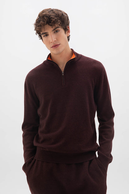 Johnstons of Elgin SS24 Men's Knitwear Malt Brown & Firethorn Orange Zip Neck Cashmere Jumper with Contrast Trim KAI05233Q24296