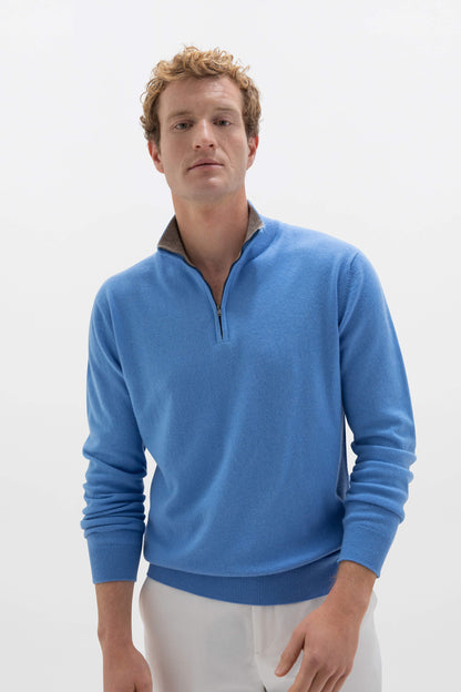 Johnstons of Elgin SS24 Men's Knitwear Skye Blue & Pebble Zip Neck Cashmere Jumper with Contrast Trim KAI05233Q24297