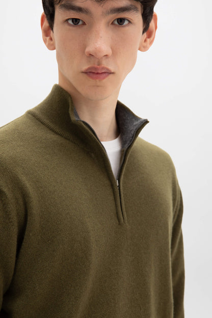 Contrast Trim Cashmere Zip Neck