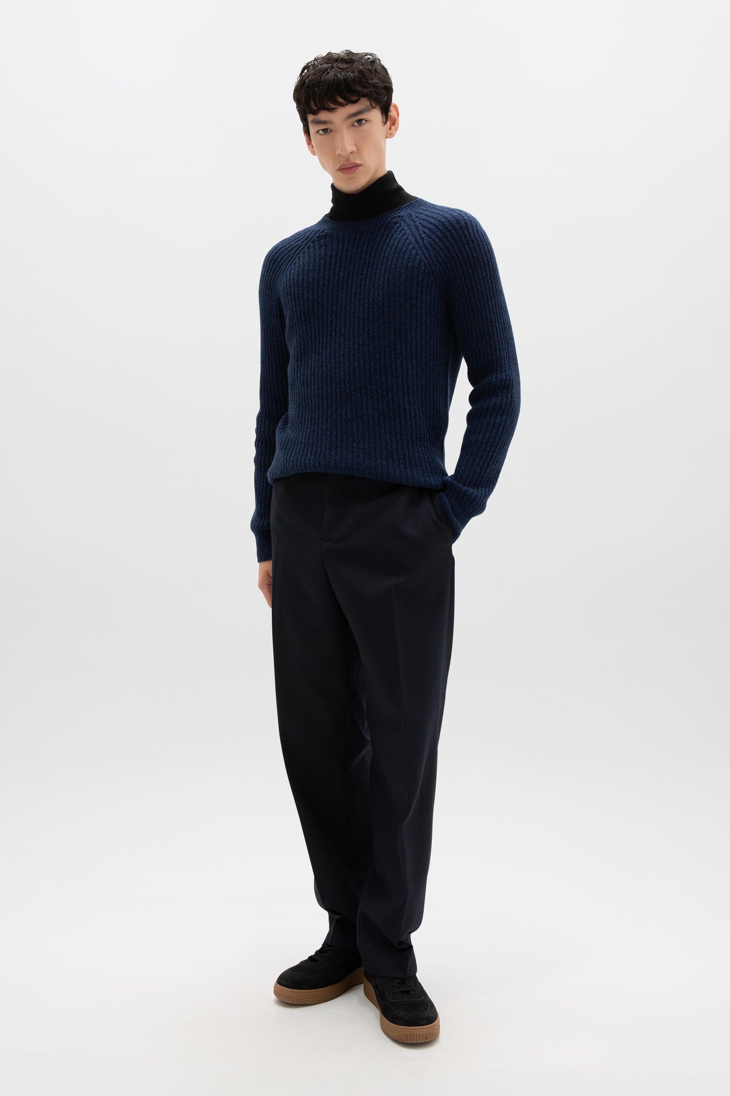 Johnstons of Elgin AW24 Unisex Knitwear Ocean Marl Unisex Ribbed Cashmere Sweater KAI05260004950