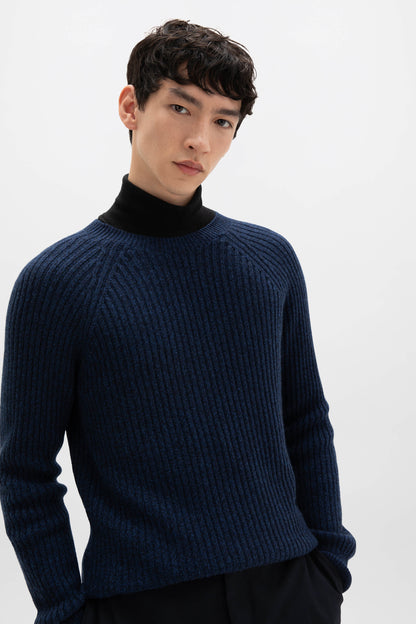 Johnstons of Elgin AW24 Unisex Knitwear Ocean Marl Unisex Ribbed Cashmere Sweater KAI05260004950