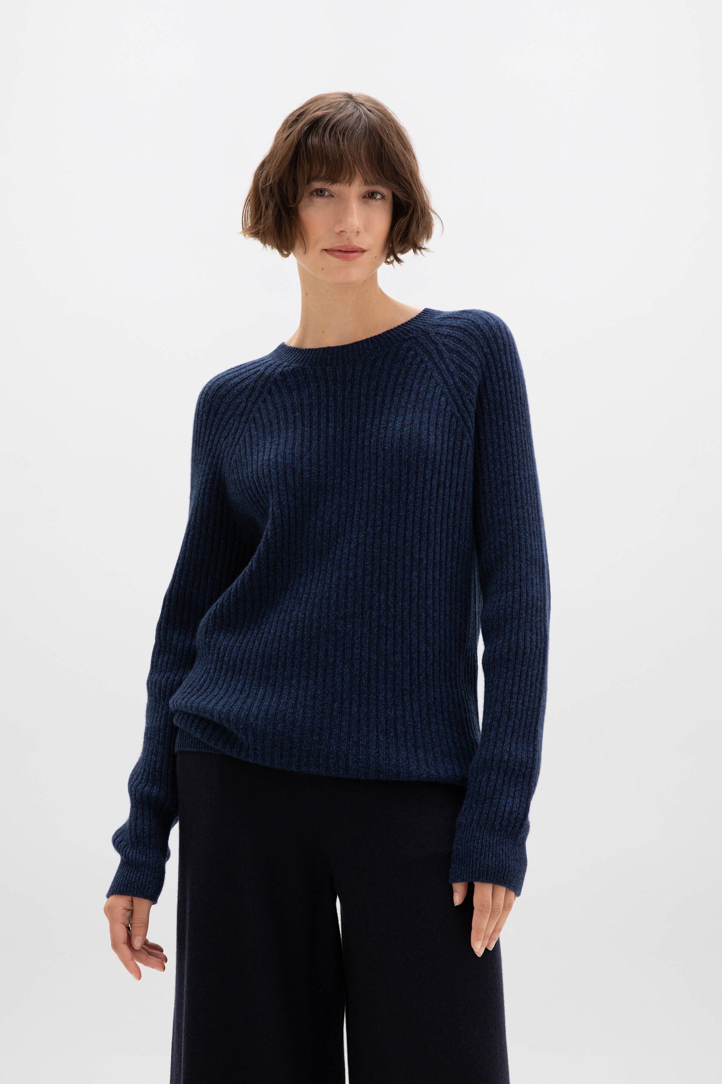 Johnstons of Elgin AW24 Unisex Knitwear Ocean Marl Unisex Ribbed Cashmere Sweater KAI05260004950