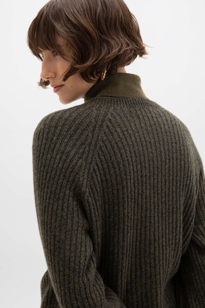 Johnstons of Elgin AW24 Unisex Knitwear Olive Marl Unisex Ribbed Cashmere Sweater KAI05260004951