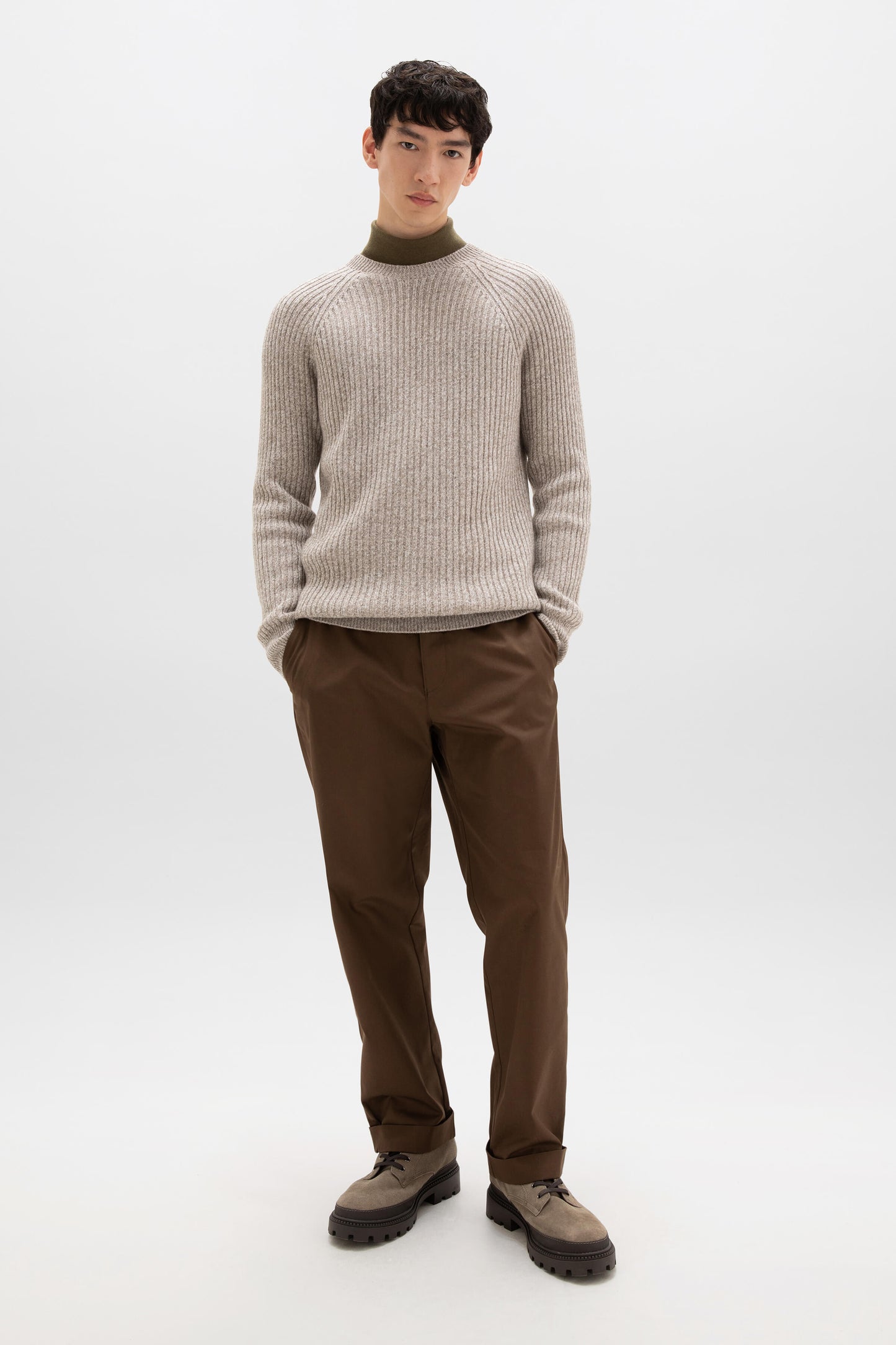 Johnstons of Elgin AW24 Unisex Knitwear Ash Marl Unisex Ribbed Cashmere Sweater KAI05260004952