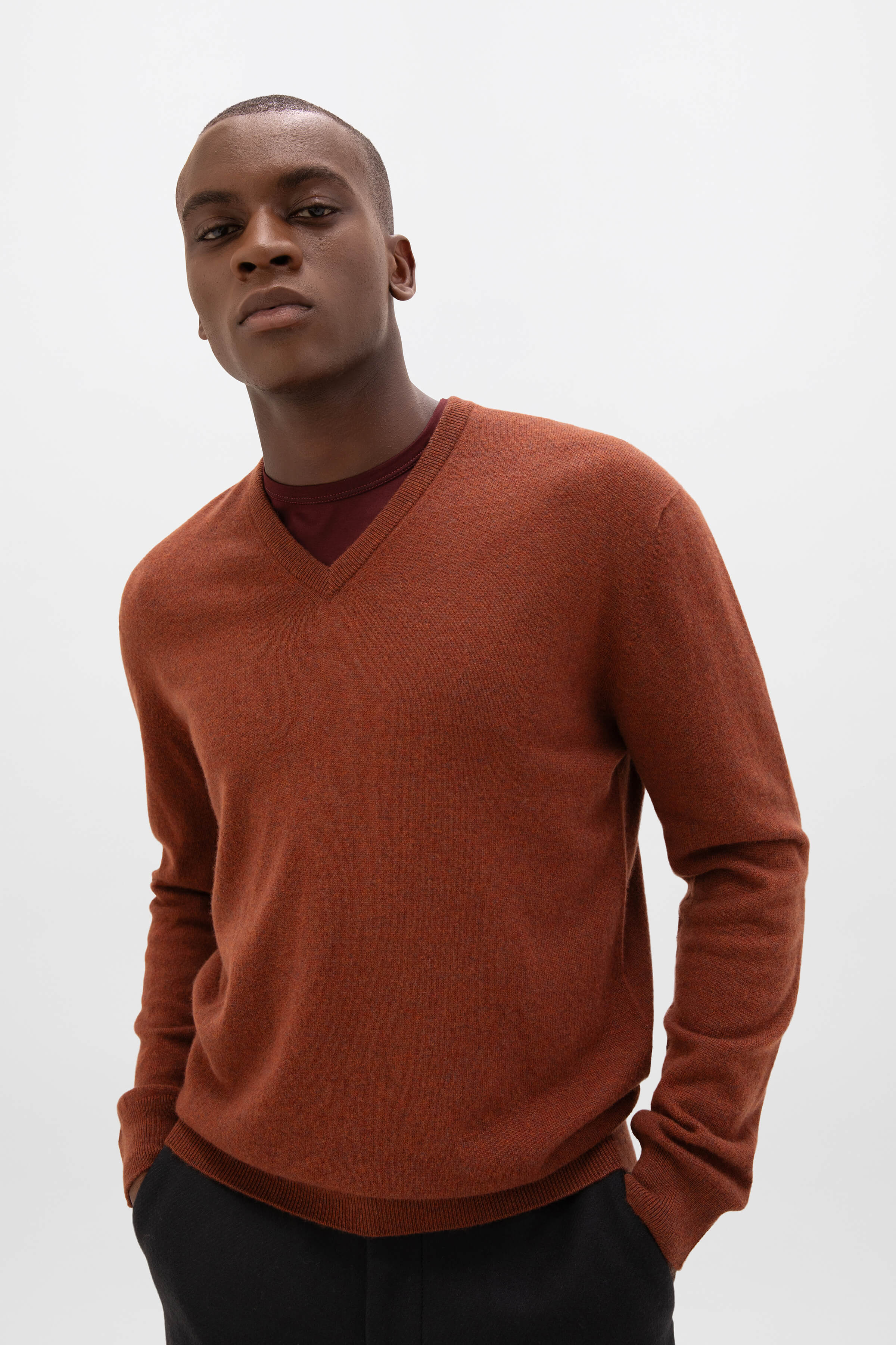 Burnt Orange Cashmere V Neck Jumper Johnstons of Elgin