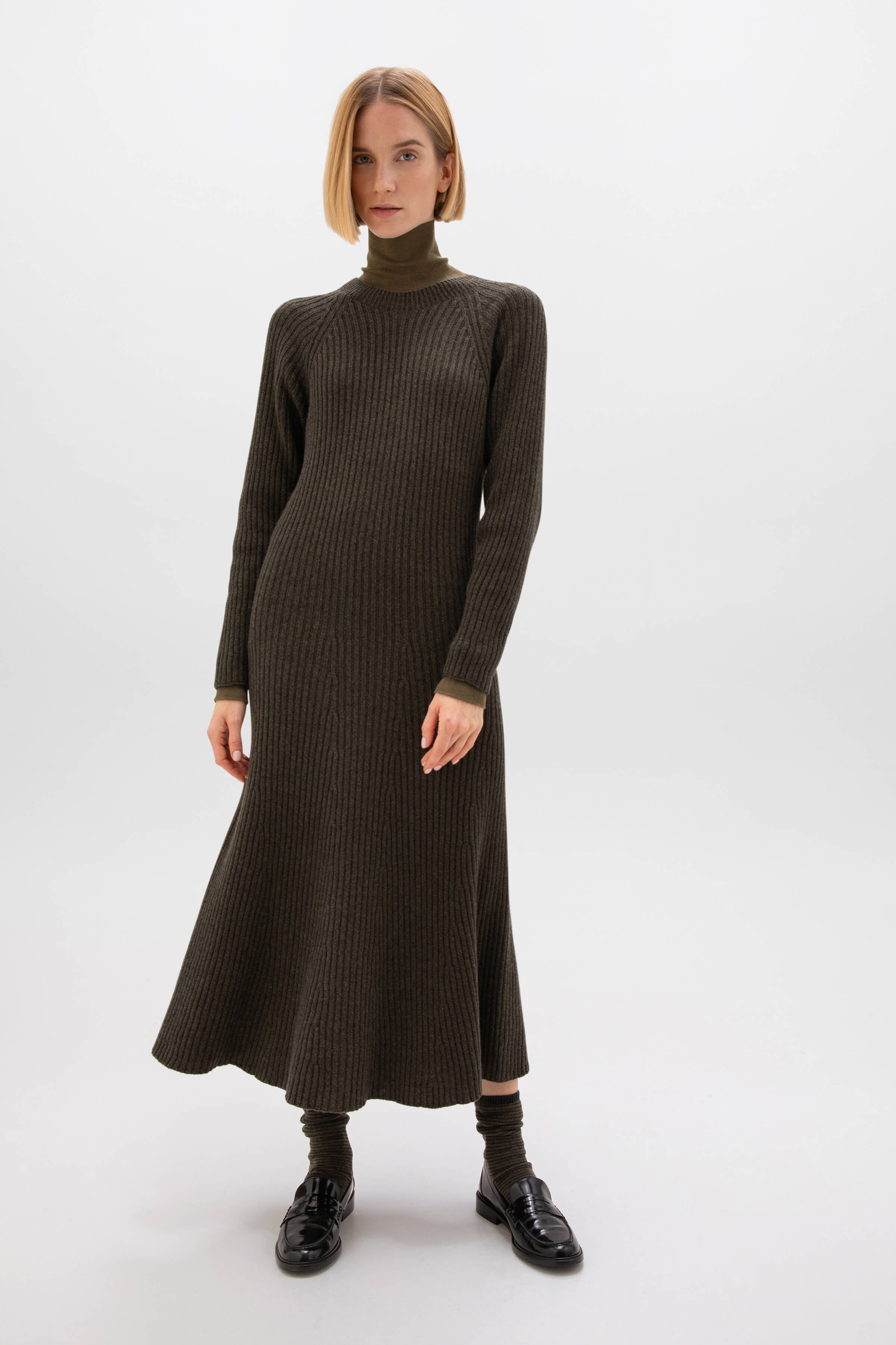 Olive Marl Ribbed Women s Cashmere Dress Johnstons of Elgin