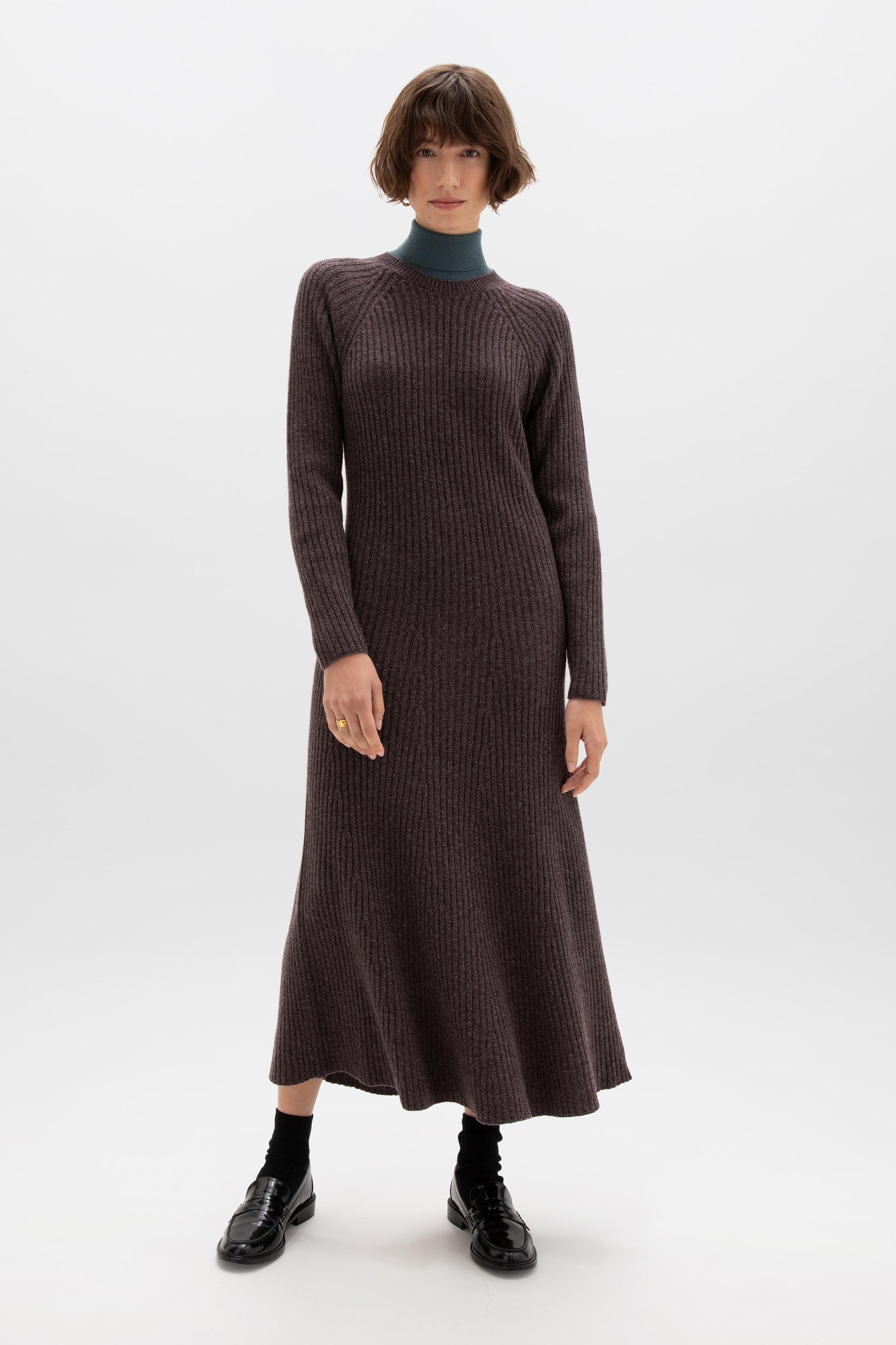 Johnstons of Elgin AW24 Women's Knitwear Dark Russet Marl Dolman Sleeve Cashmere Dress KAI05281HE7059