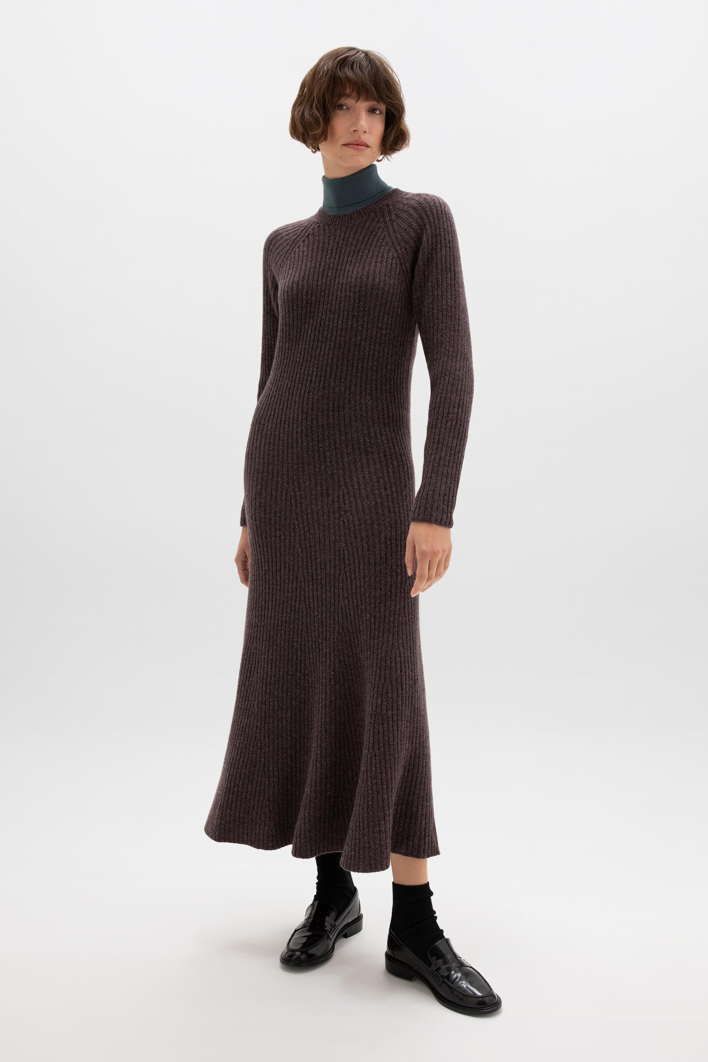 Johnstons of Elgin AW24 Women's Knitwear Dark Russet Marl Dolman Sleeve Cashmere Dress KAI05281HE7059