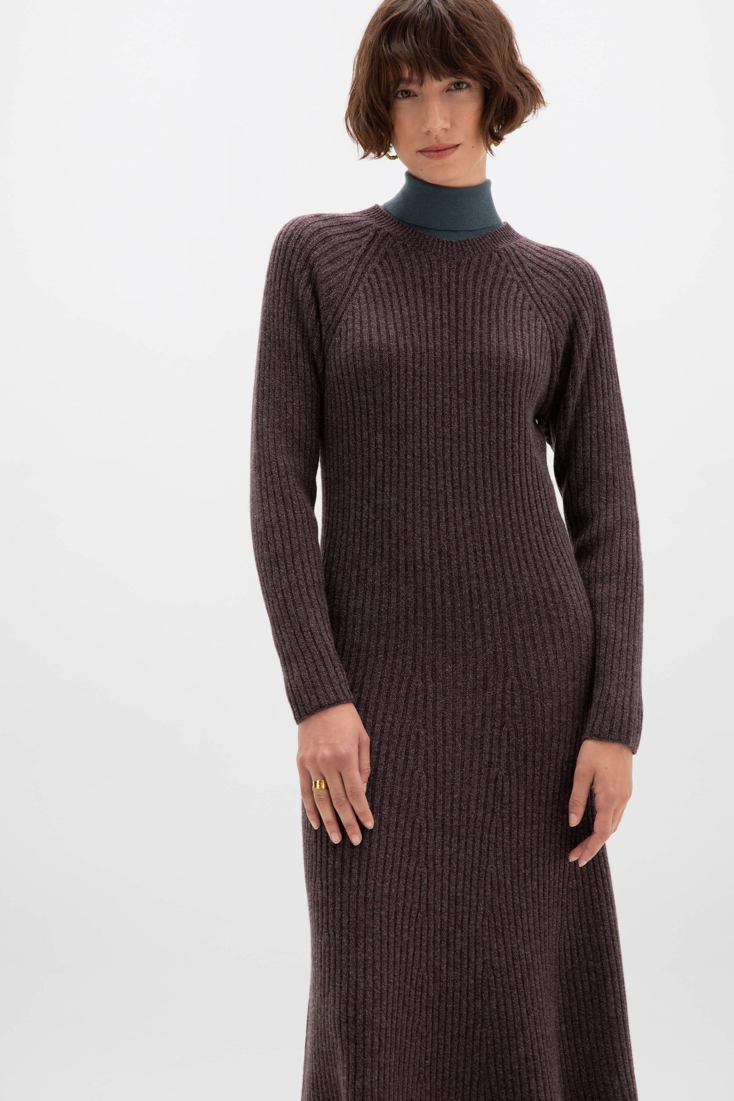 Johnstons of Elgin AW24 Women's Knitwear Dark Russet Marl Dolman Sleeve Cashmere Dress KAI05281HE7059