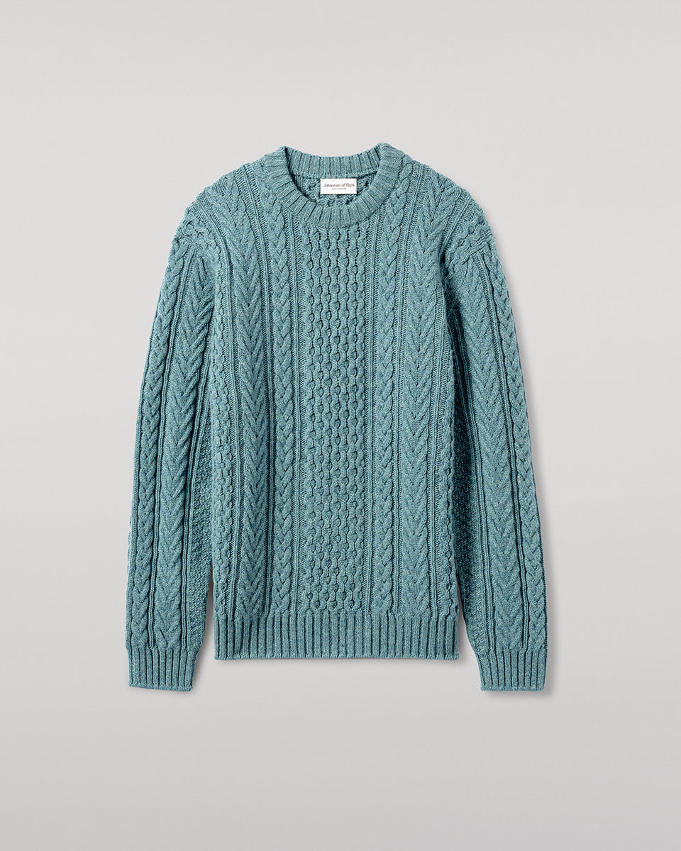 Johnstons of Elgin AW25 Men's Knitwear Seascape Aran Cable Green Cashmere Jumper Details KAI05336HC0038