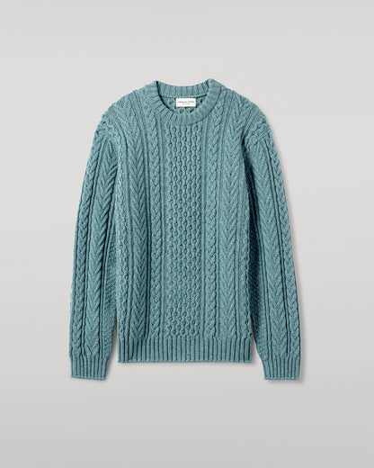 Johnstons of Elgin AW25 Men's Knitwear Seascape Aran Cable Green Cashmere Jumper Details KAI05336HC0038