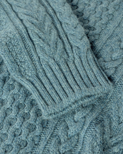 Johnstons of Elgin AW25 Men's Knitwear Seascape Aran Cable Green Cashmere Jumper Details KAI05336HC0038