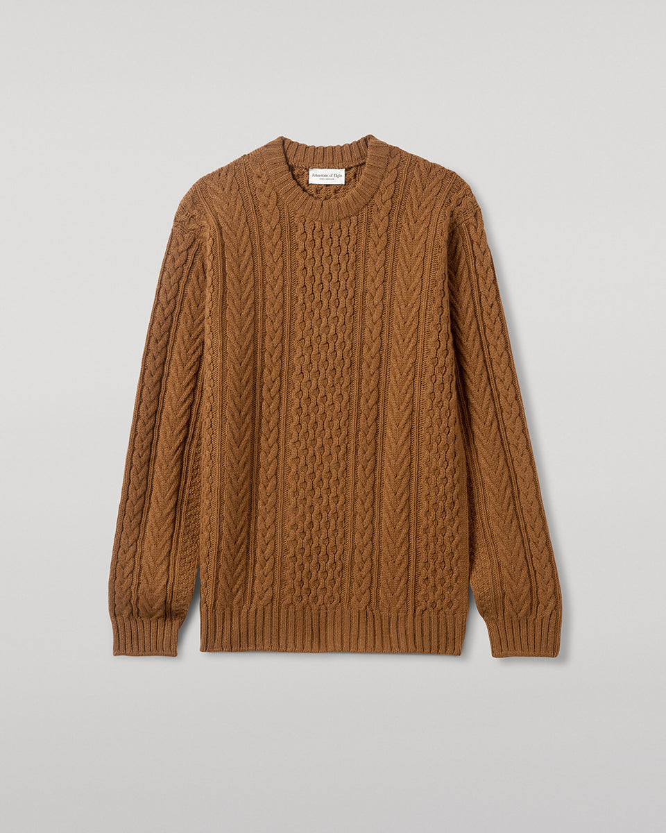 Johnstons of Elgin AW25 Men's Knitwear Dark Camel Aran Cable Camel Cashmere Jumper KAI05336SB4620