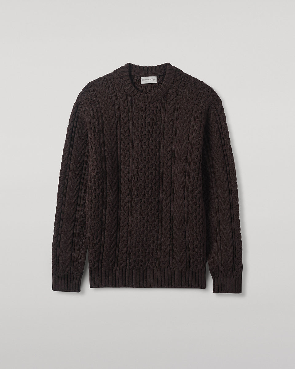 Johnstons of Elgin AW25 Men's Knitwear Molasses Aran Cable Brown Cashmere Jumper Details KAI05336SB7290