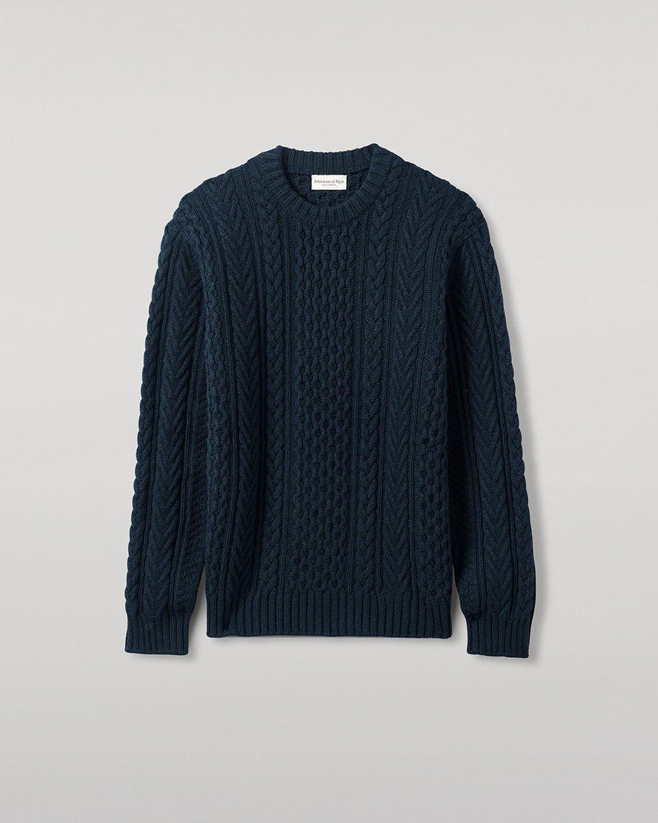 Johnstons of Elgin AW25 Men's Knitwear Bottle Green Aran Cable Green Cashmere Jumper Close Up KAI05336SC7341