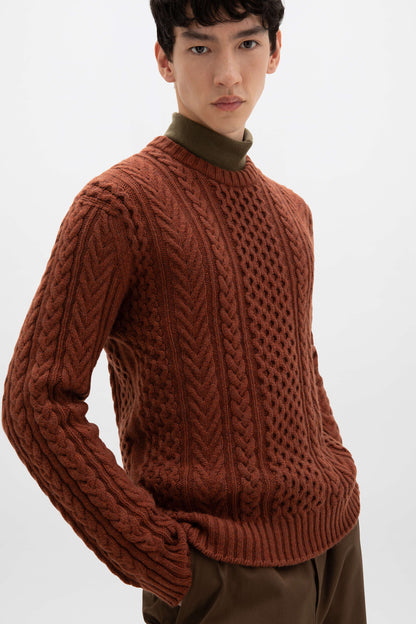 Johnstons of Elgin AW24 Men's Knitwear Russet Aran Cable Cashmere Jumper KAI05336HE7051