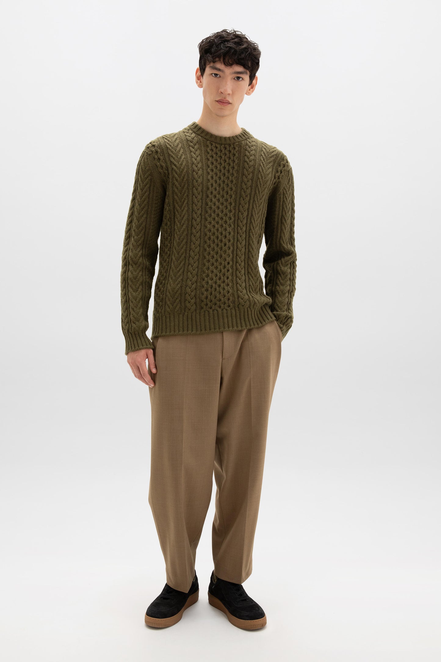 Johnstons of Elgin AW24 Men's Knitwear Olive Aran Cable Cashmere Jumper KAI05336SC4573