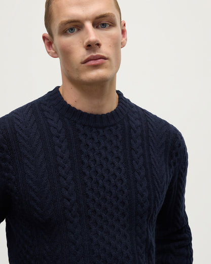 Johnstons of Elgin AW25 Men's Knitwear Dark Navy Aran Cable Cashmere Jumper KAI05336SD7286
