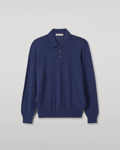 JOHNSTONS OF ELGIN FIN LONG SLEEVE POLO SHIRT SUPERFINE CASHMERE LONG SLEEVE POLO SHIRT - 3 PLY BLUE 100% CASHMERE KAI05481HD4509