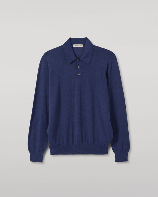 JOHNSTONS OF ELGIN FIN LONG SLEEVE POLO SHIRT SUPERFINE CASHMERE LONG SLEEVE POLO SHIRT - 3 PLY BLUE 100% CASHMERE KAI05481HD4509