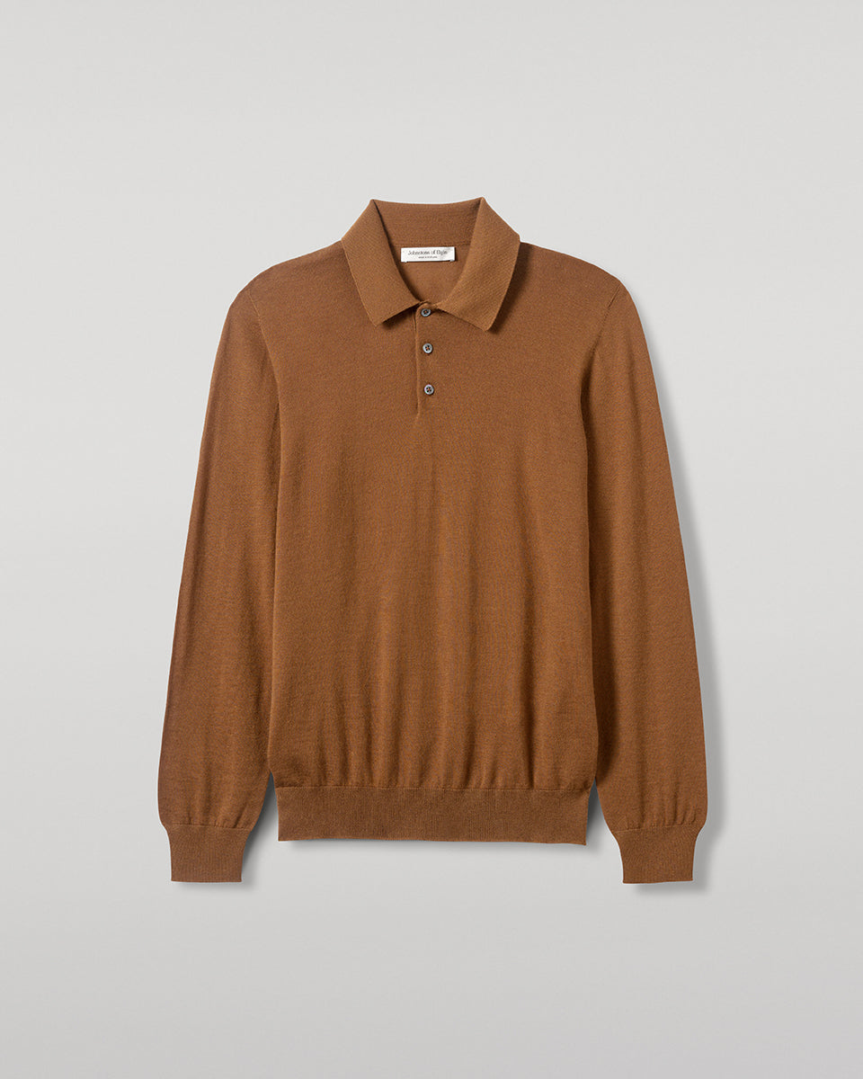 Johnstons of Elgin AW25 Men's Knitwear Dark Camel Camel Cashmere Polo Shirt KAI05481SB7300