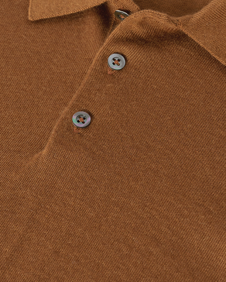Johnstons of Elgin AW25 Men's Knitwear Dark Camel Camel Cashmere Polo Shirt KAI05481SB7300
