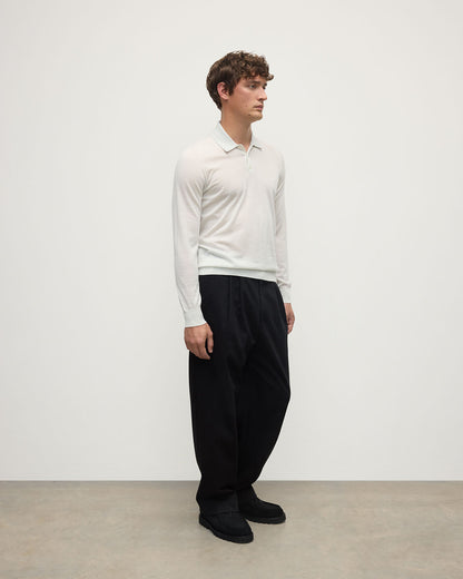 Model wearing Johnstons of Elgin AW25 Men's Knitwear Zinc White White Cashmere Polo Shirt KAI05481HA0327