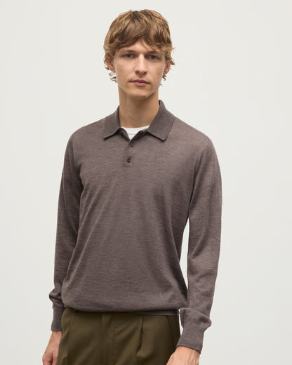 MODEL WEARS JOHNSTONS OF ELGIN MENS FIN SUPERFINE LONG SLEEVE POLOSHIRT LIGHT BROWN OVER A KAI05481HB7092