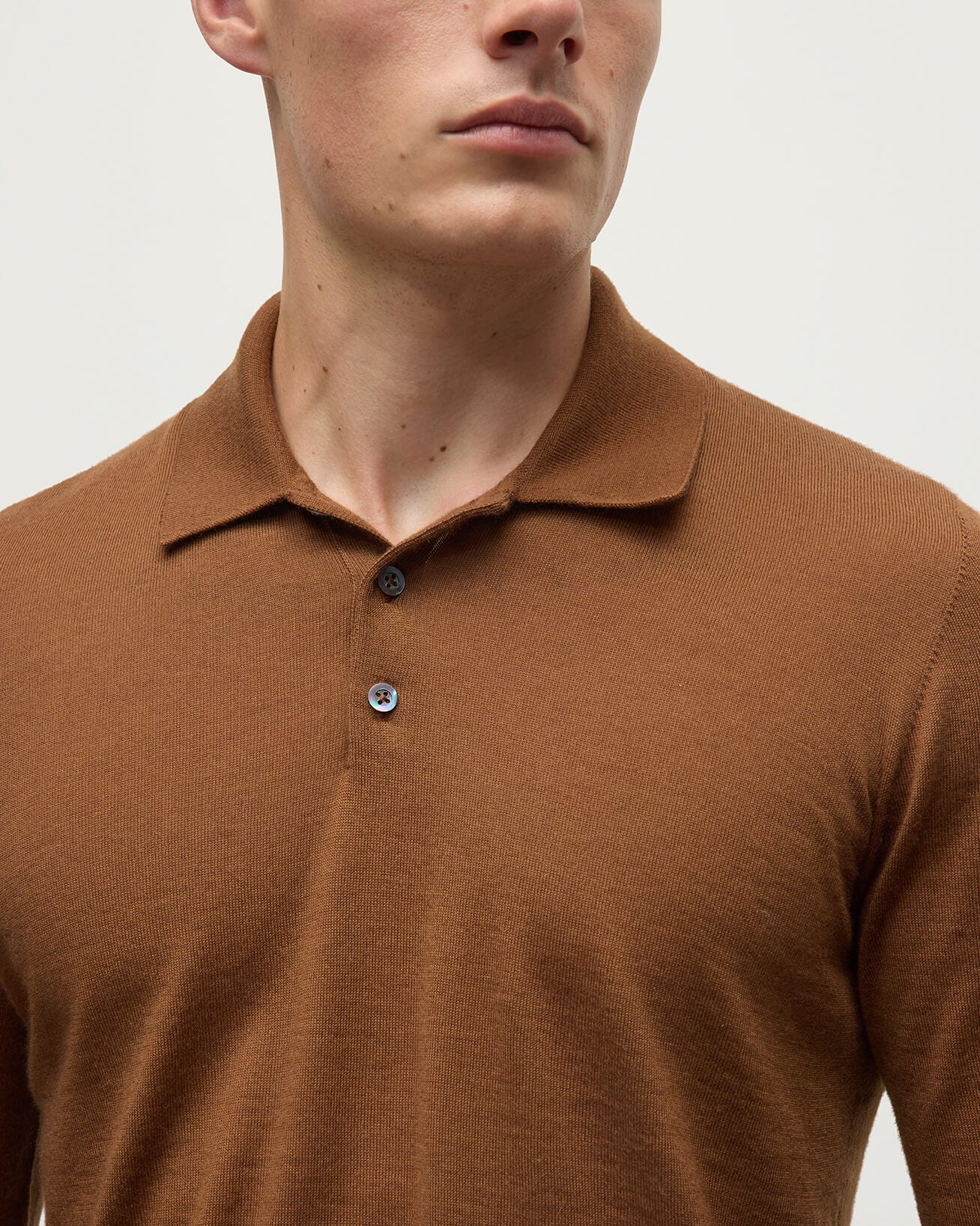 Johnstons of Elgin AW25 Men's Knitwear Dark Camel Camel Cashmere Polo Shirt KAI05481SB7300